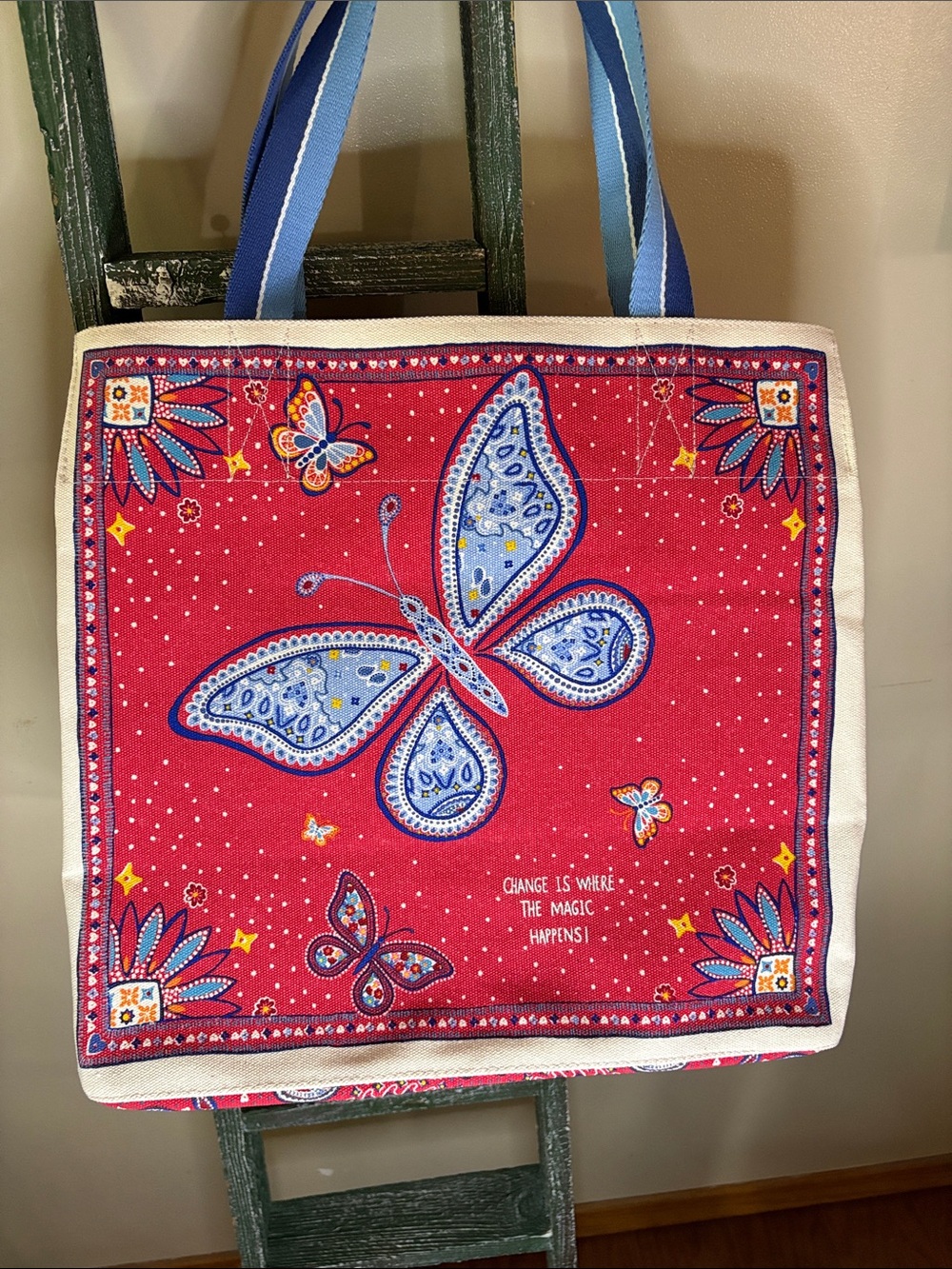 Brighton Red Paisley LOVE Tote with Blue Handles - Picture 2 of 4